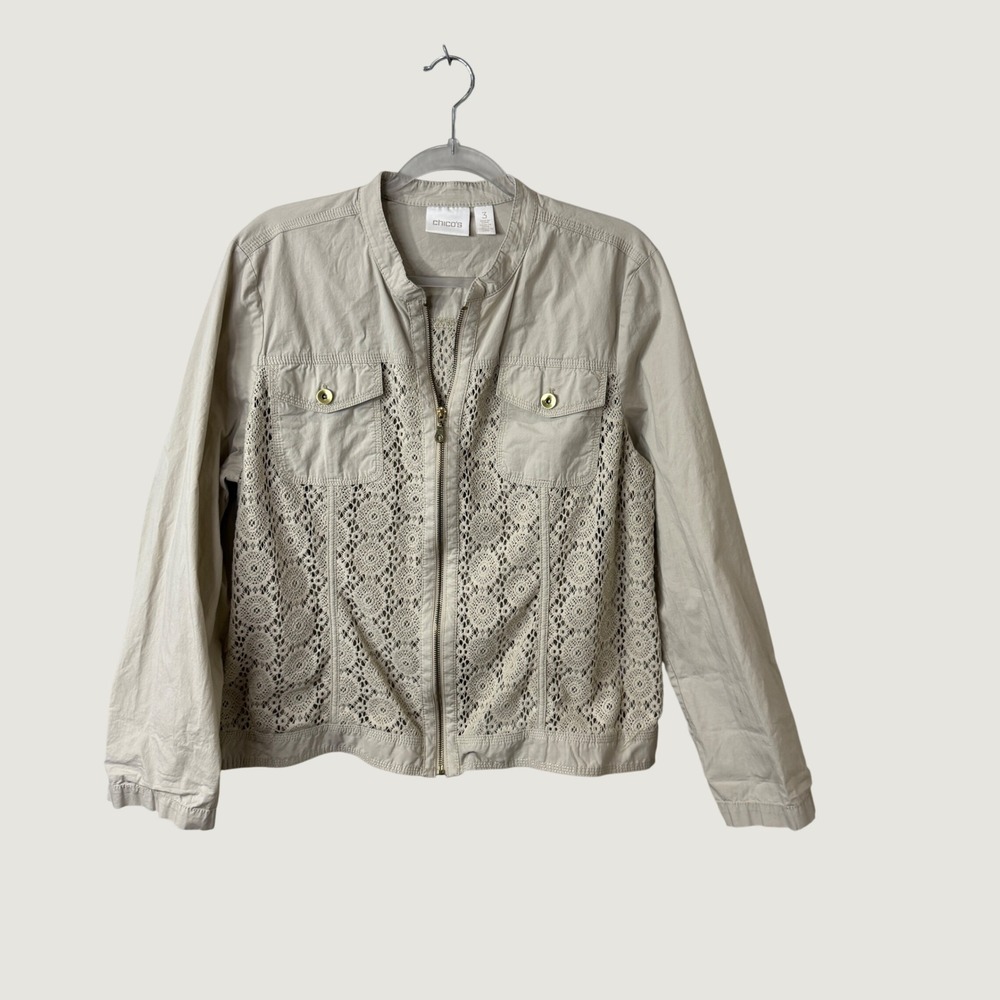 Chico's Jacket Womens 3 (XL) Beige Crochet Lace Zip Front Romantic Boho Fall